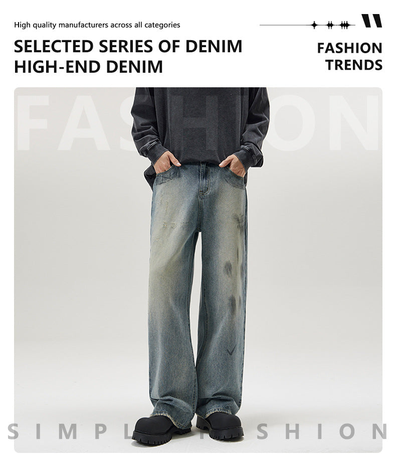 Distressed Paint-Splash Straight Jeans