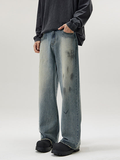 Distressed Paint-Splash Straight Jeans
