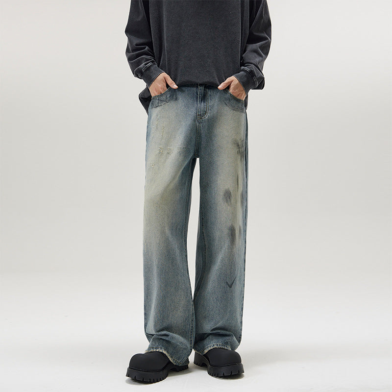 Distressed Paint-Splash Straight Jeans