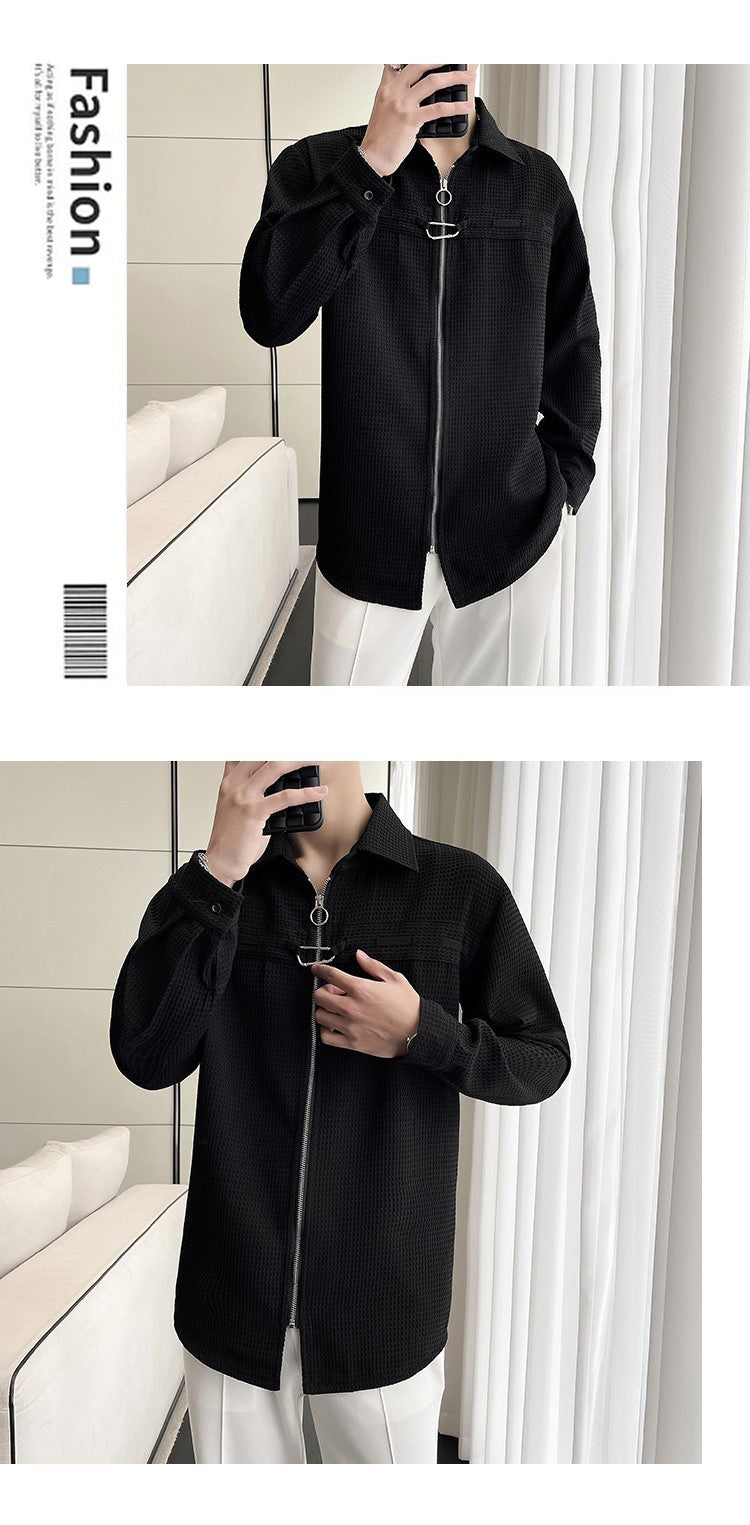 Waffle-Knit Zip Shirt Jacket