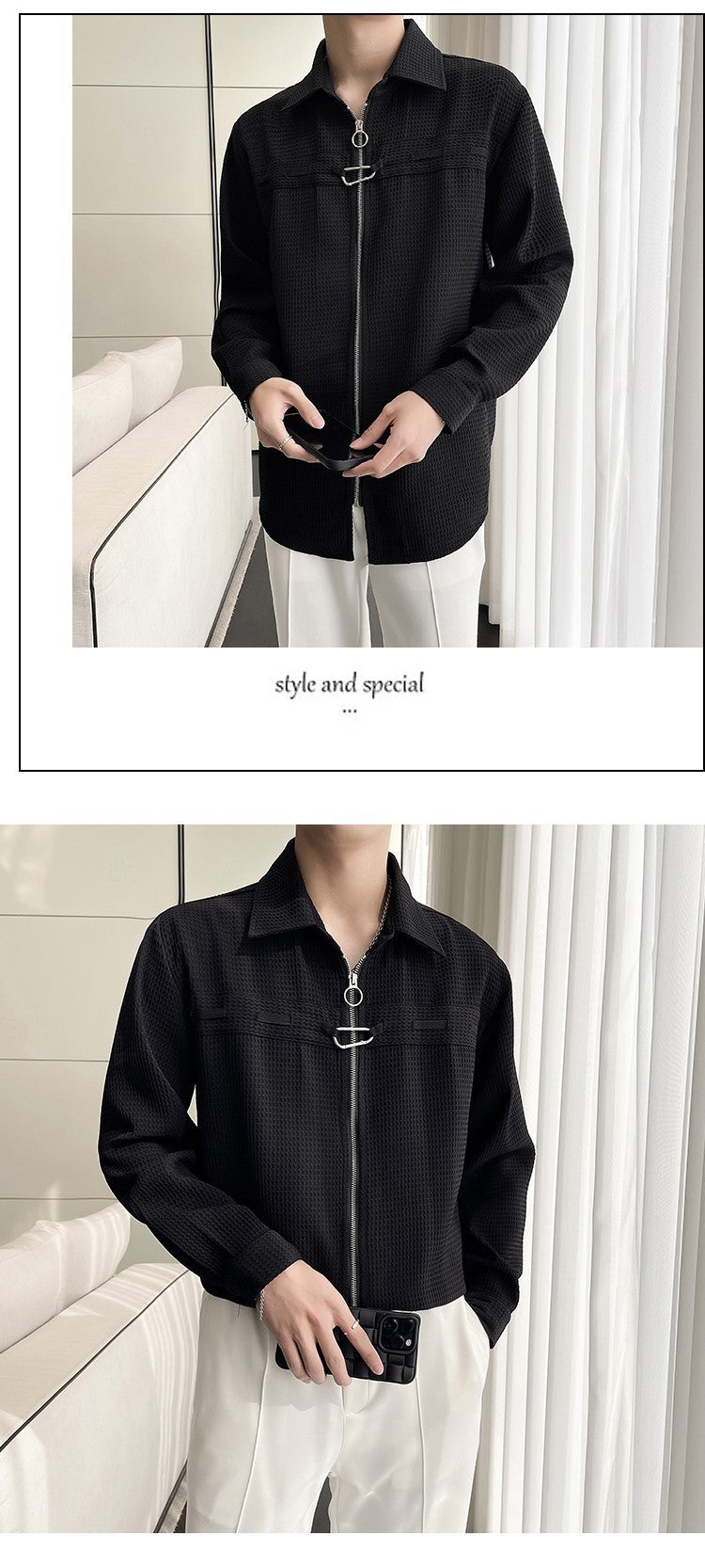 Waffle-Knit Zip Shirt Jacket