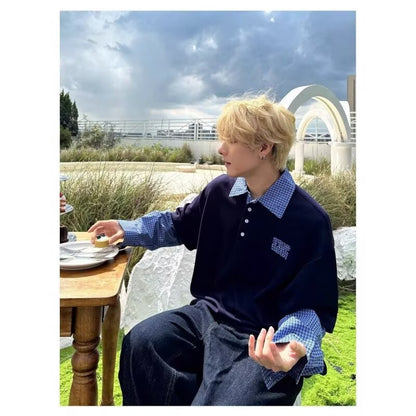 Retro Patchwork Long-Sleeve Polo