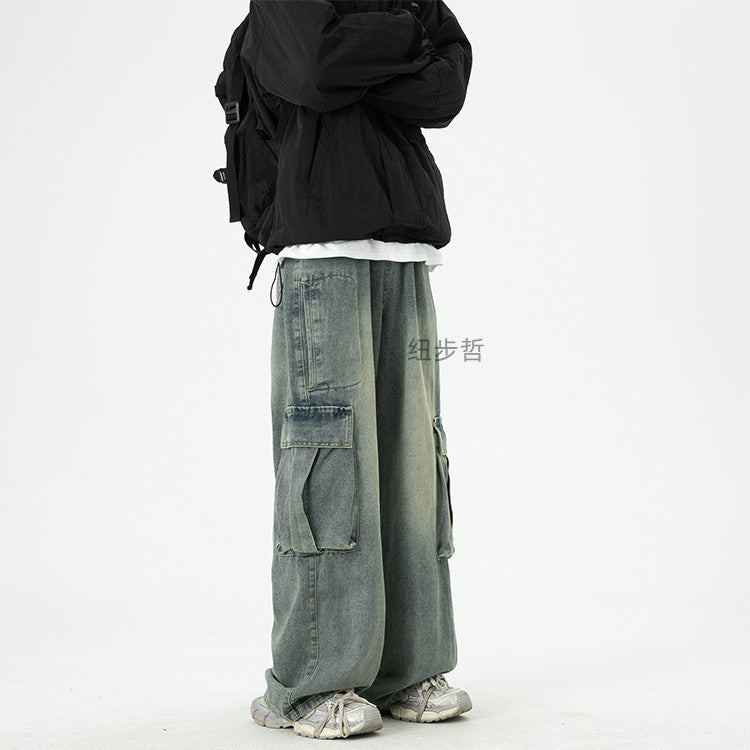 Washed Wide-Leg Cargo Jeans