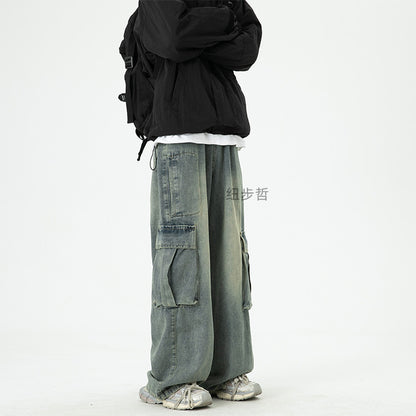 Washed Wide-Leg Cargo Jeans