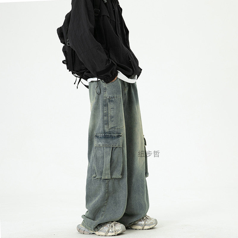 Washed Wide-Leg Cargo Jeans