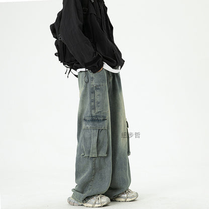 Washed Wide-Leg Cargo Jeans