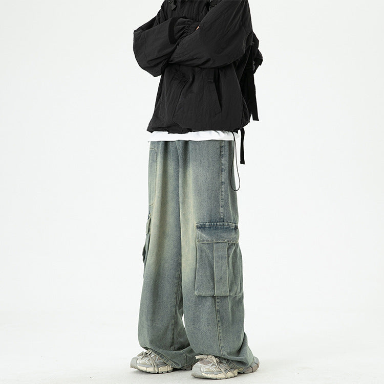 Washed Wide-Leg Cargo Jeans