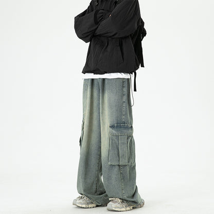 Washed Wide-Leg Cargo Jeans