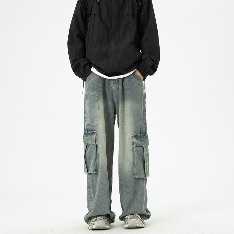 Washed Wide-Leg Cargo Jeans