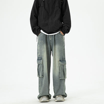 Washed Wide-Leg Cargo Jeans