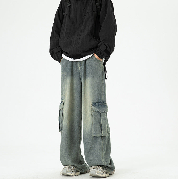 Washed Wide-Leg Cargo Jeans