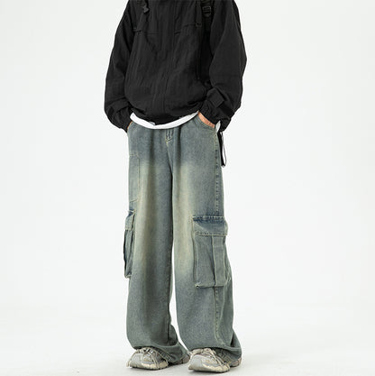 Washed Wide-Leg Cargo Jeans