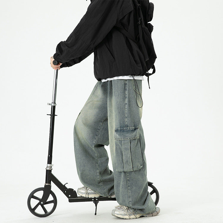 Washed Wide-Leg Cargo Jeans