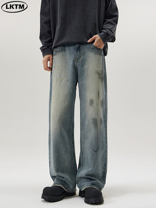 Distressed Paint-Splash Straight Jeans