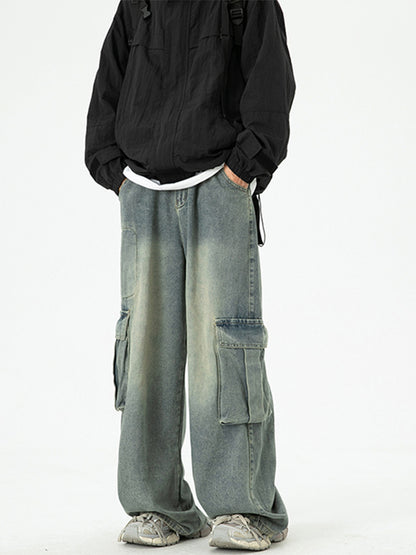 Washed Wide-Leg Cargo Jeans