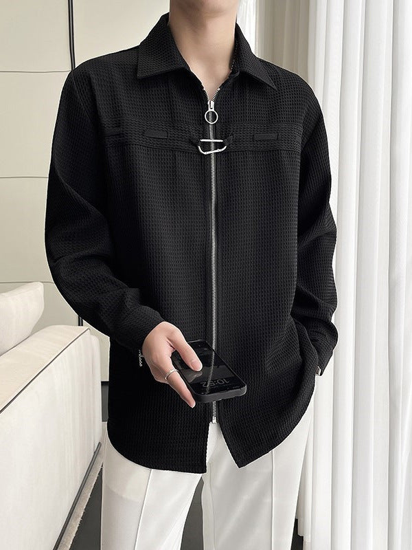 Waffle-Knit Zip Shirt Jacket
