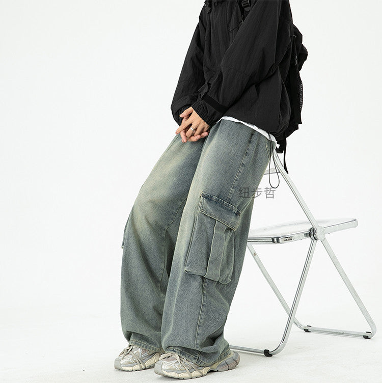 Washed Wide-Leg Cargo Jeans