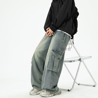 Washed Wide-Leg Cargo Jeans