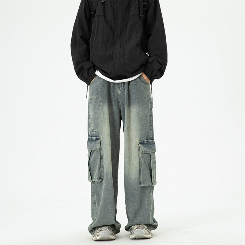 Washed Wide-Leg Cargo Jeans