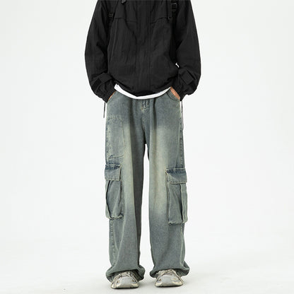 Washed Wide-Leg Cargo Jeans