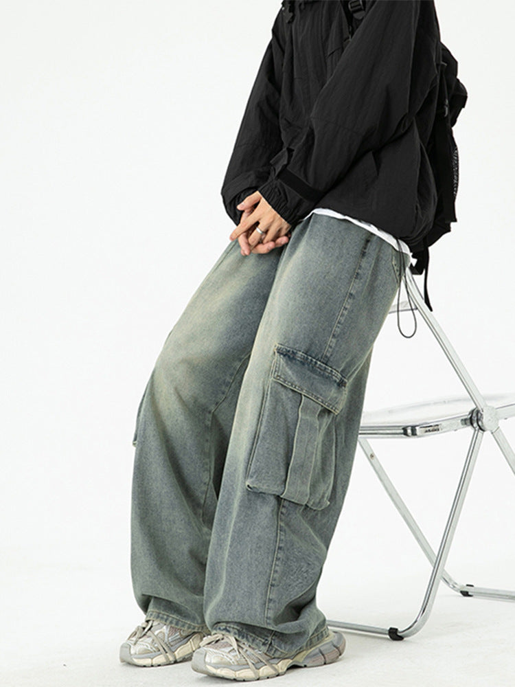 Washed Wide-Leg Cargo Jeans