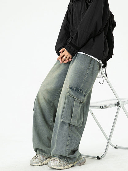 Washed Wide-Leg Cargo Jeans