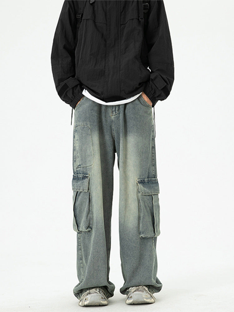 Washed Wide-Leg Cargo Jeans