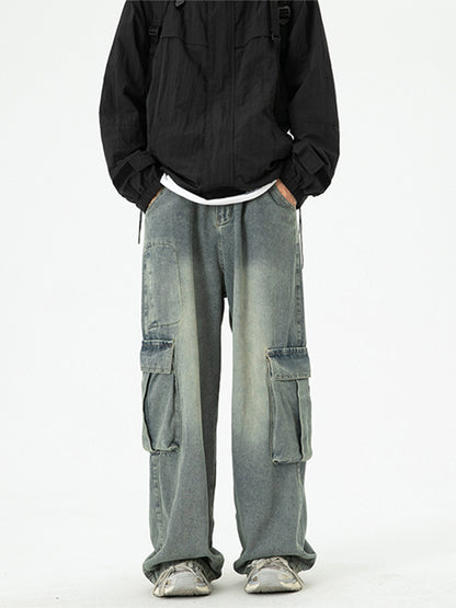 Washed Wide-Leg Cargo Jeans