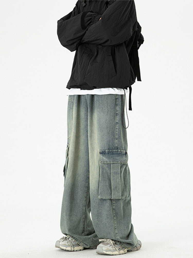 Washed Wide-Leg Cargo Jeans