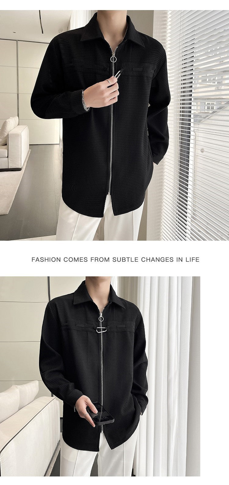 Waffle-Knit Zip Shirt Jacket
