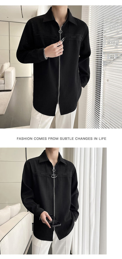 Waffle-Knit Zip Shirt Jacket