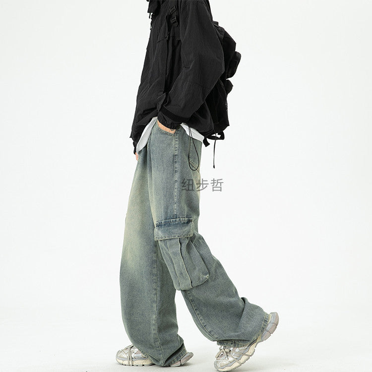 Washed Wide-Leg Cargo Jeans