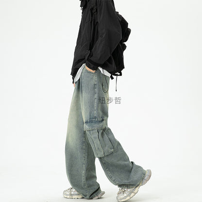 Washed Wide-Leg Cargo Jeans