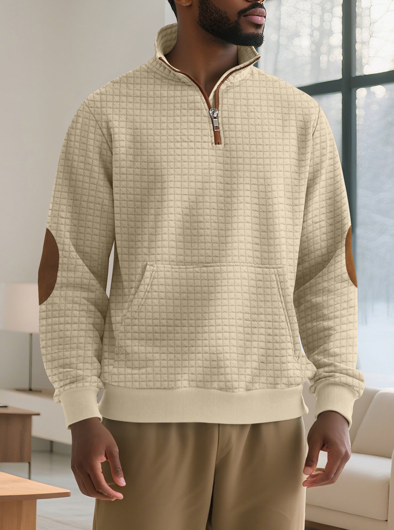 Embroidered Plaid Zip Sweatshirt