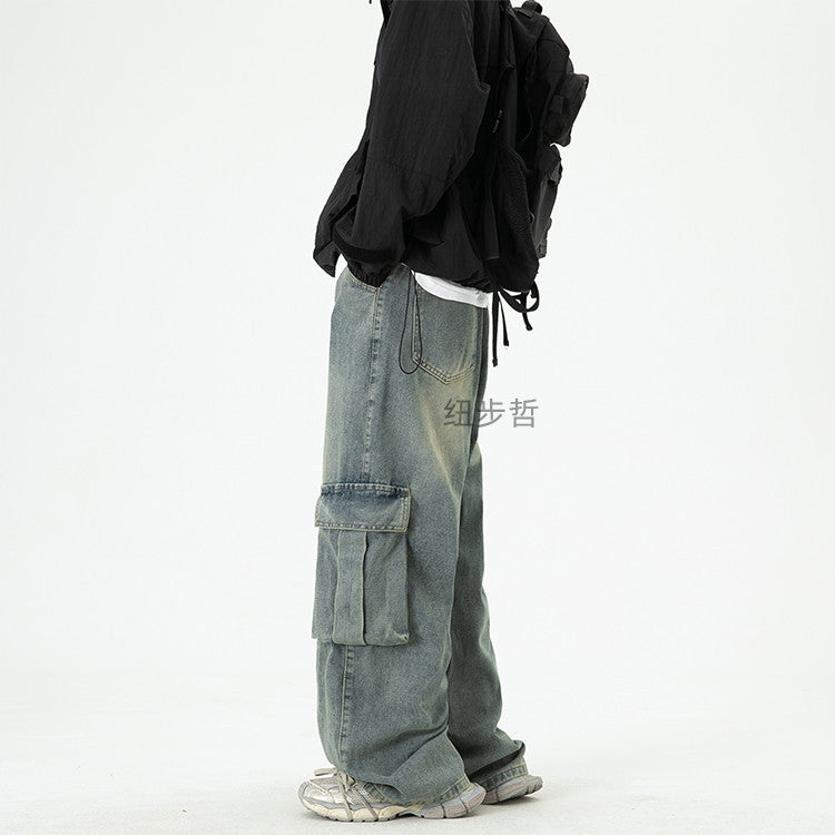 Washed Wide-Leg Cargo Jeans
