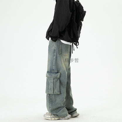 Washed Wide-Leg Cargo Jeans