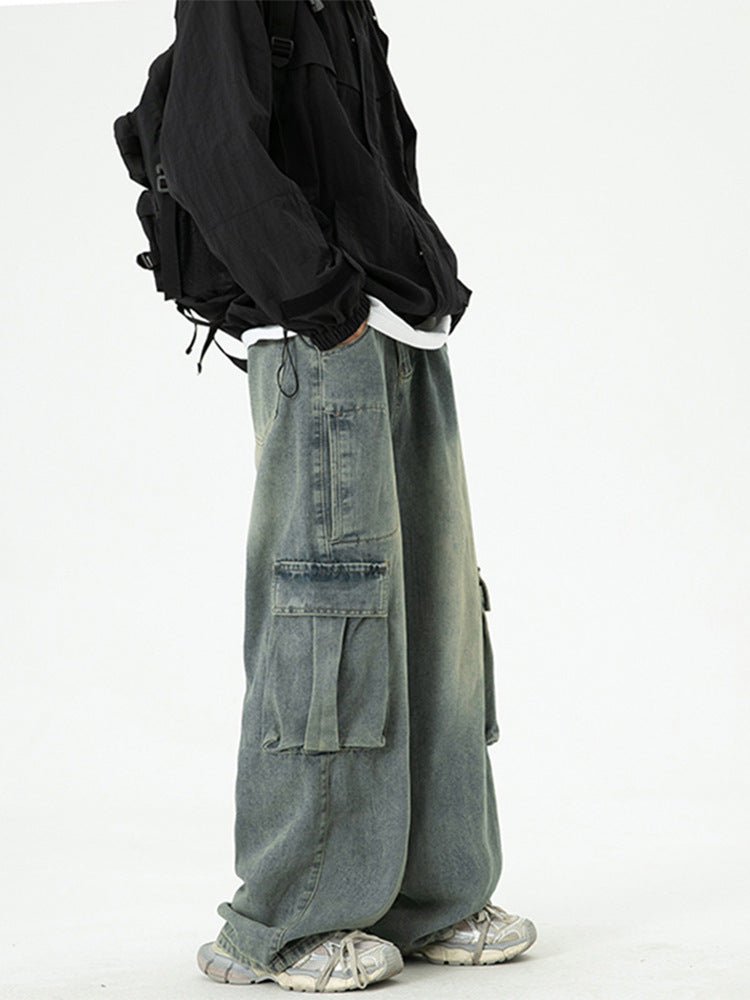 Washed Wide-Leg Cargo Jeans