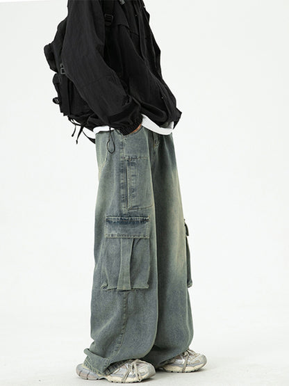Washed Wide-Leg Cargo Jeans