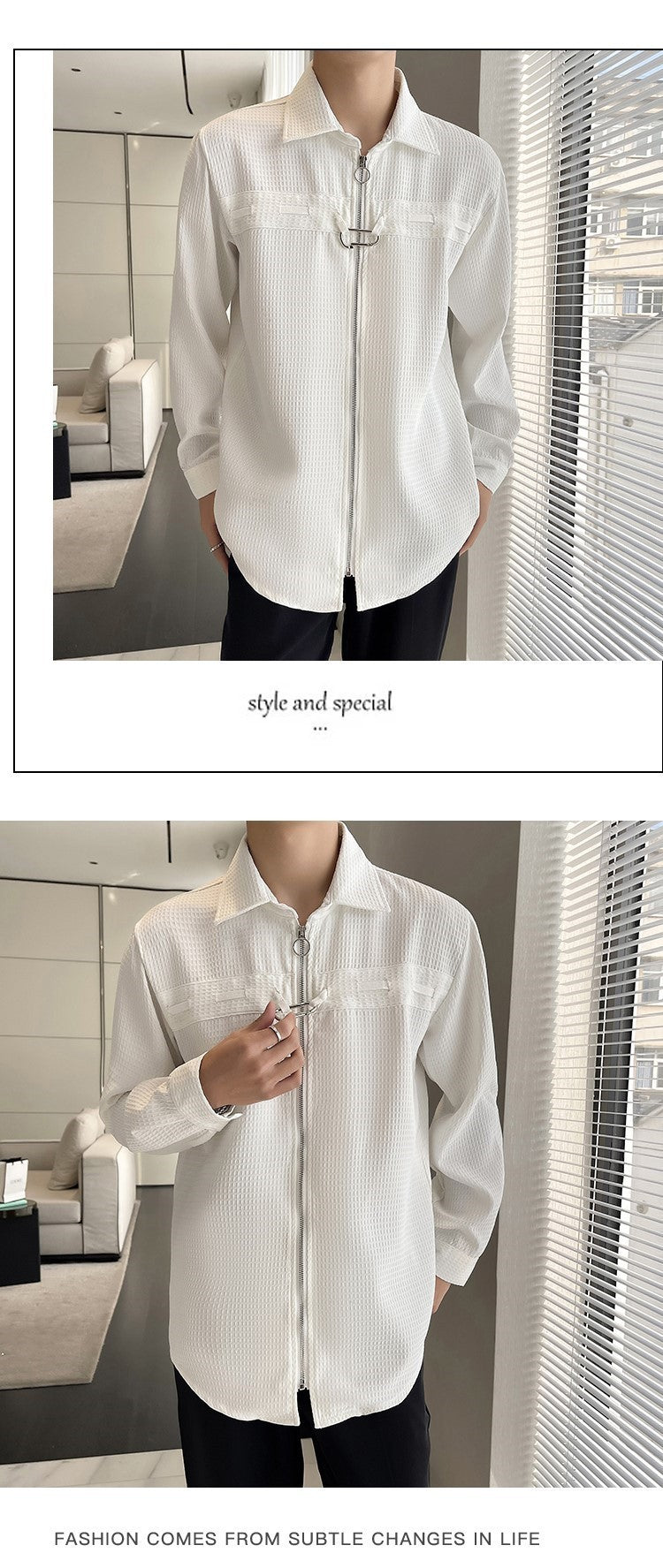 Waffle-Knit Zip Shirt Jacket