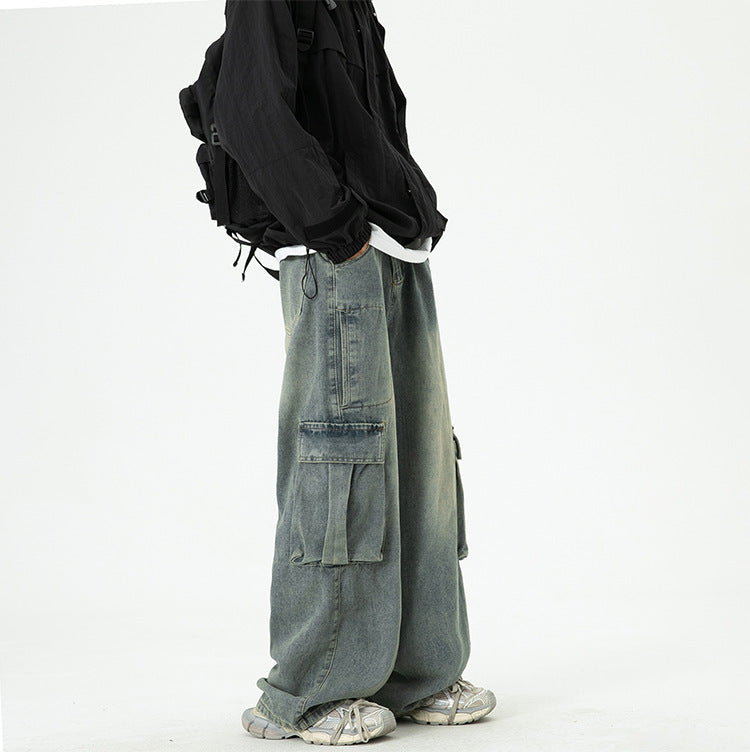 Washed Wide-Leg Cargo Jeans