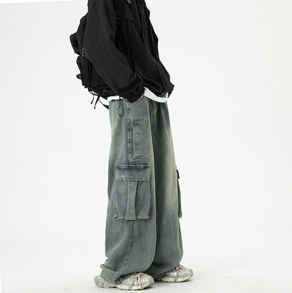 Washed Wide-Leg Cargo Jeans