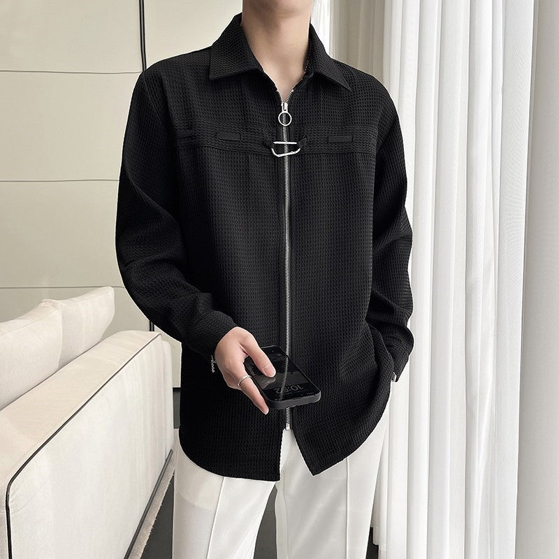 Waffle-Knit Zip Shirt Jacket