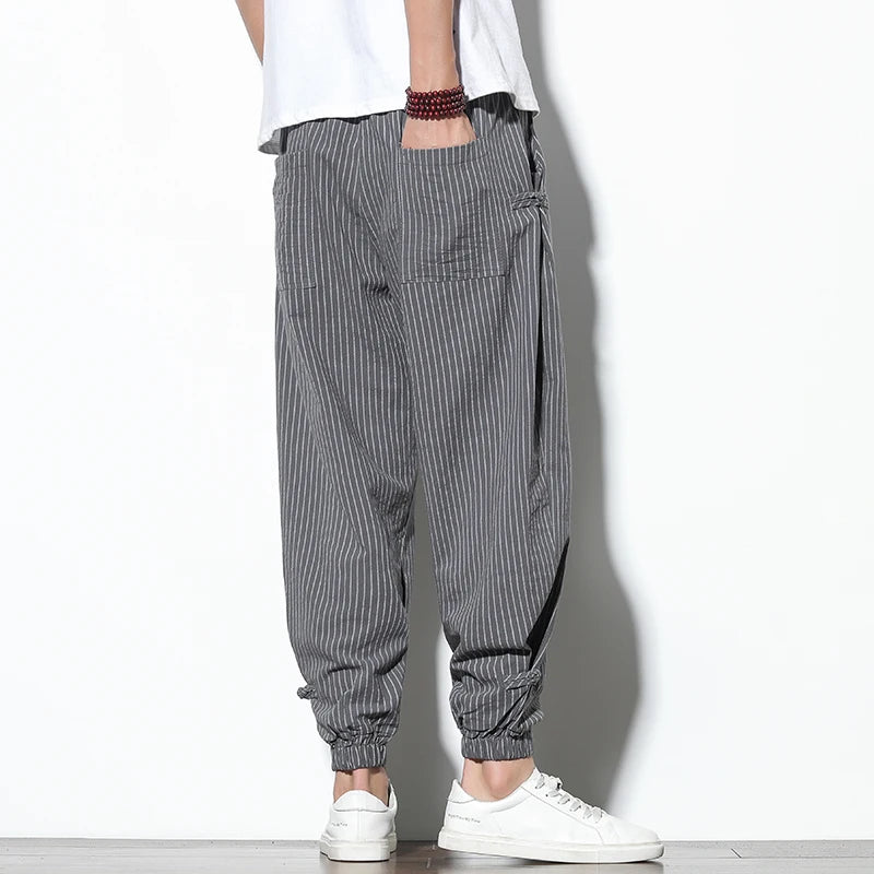 Striped Buckle Harem Trousers