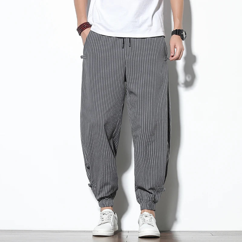 Striped Buckle Harem Trousers