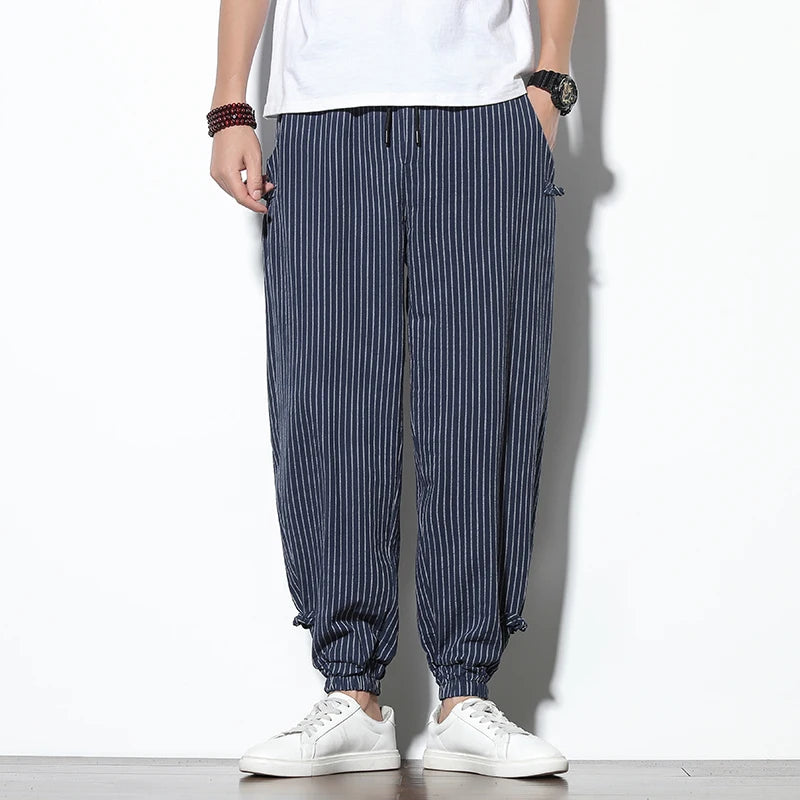 Striped Buckle Harem Trousers