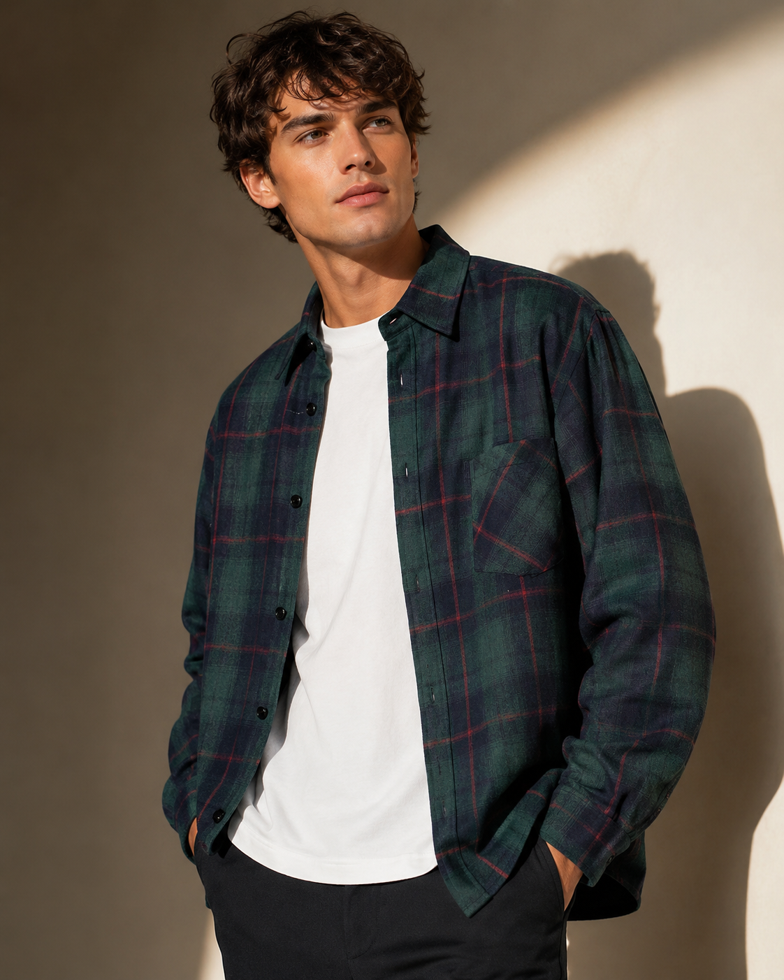American Retro Plaid Long-Sleeve Shirt green plaid professional ad image