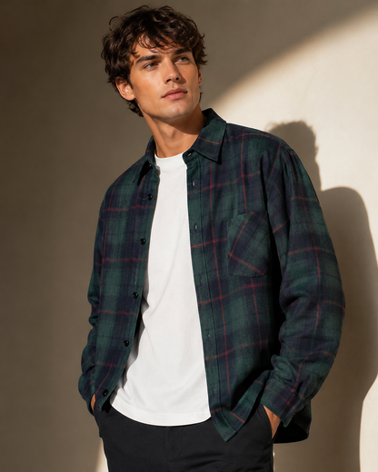 American Retro Plaid Long-Sleeve Shirt green plaid professional ad image