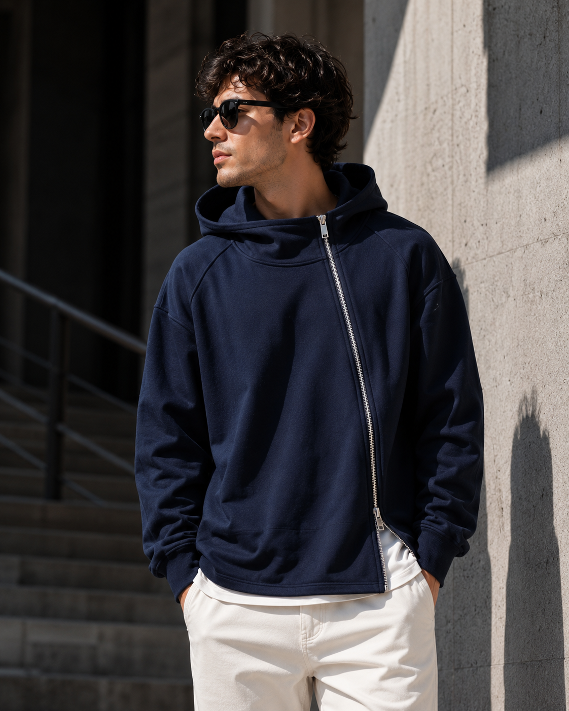 Male model wearing blue asymmetric hoodie jacket