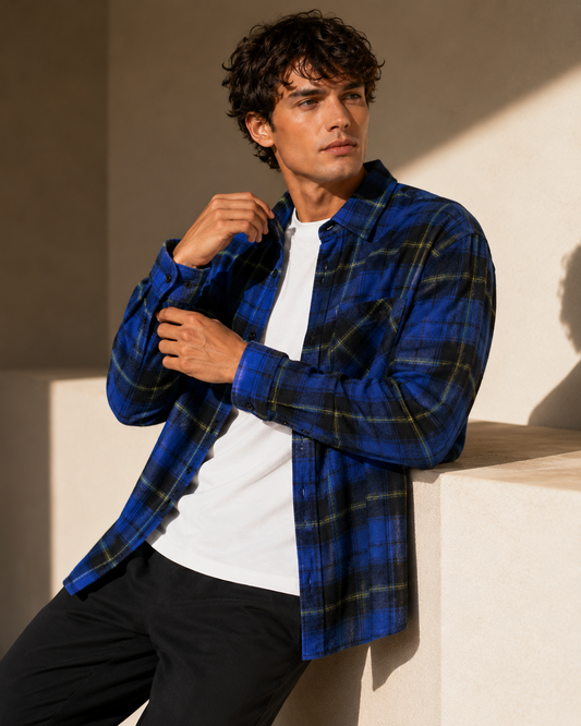 Blue plaid long-sleeve shirt professional ad image