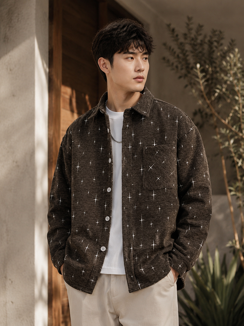 Chenille star jacquard shirt coat lifestyle ad image